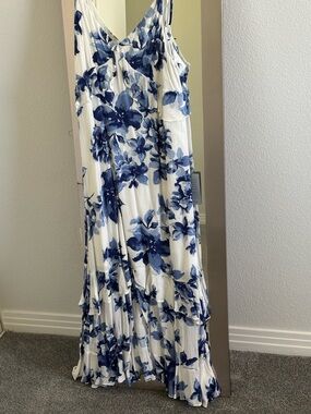 Lulu's White Maxi Dress with Blue Floral Print - Ruffle Tiered Sleeveless